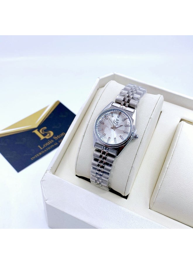 Louis Ston Women's watch, waterproof, high-quality steel, silver strap with white dial