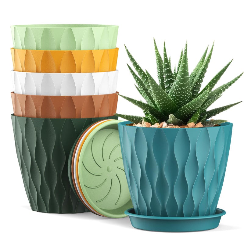 UOUZ 4 Inch Small Pots for Plants, 6 Pack Waffle Texture Small Plant Pots for Succulents, Plastic Planter with Drainage Holes and Saucers for Indoor Outdoor Plants, Flowers, Herbs, Seedlings, Colorful - Image 1