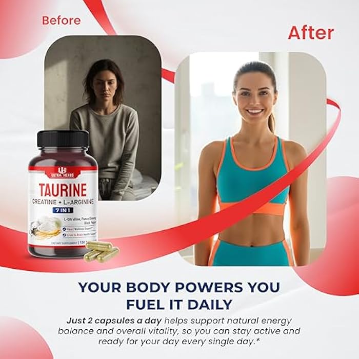 ULTRA HERBS Taurine Supplement enriched with Creatine, L-Arginine, L-Citrulline, Panax Ginseng | Taurine Capsules for Heart Wellness, Nervous System, Brain & Eye Health | 150 Capsules - Image 3