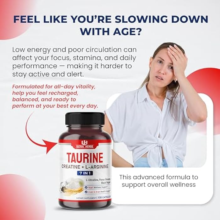 ULTRA HERBS Taurine Supplement enriched with Creatine, L-Arginine, L-Citrulline, Panax Ginseng | Taurine Capsules for Heart Wellness, Nervous System, Brain & Eye Health | 150 Capsules - Image 2