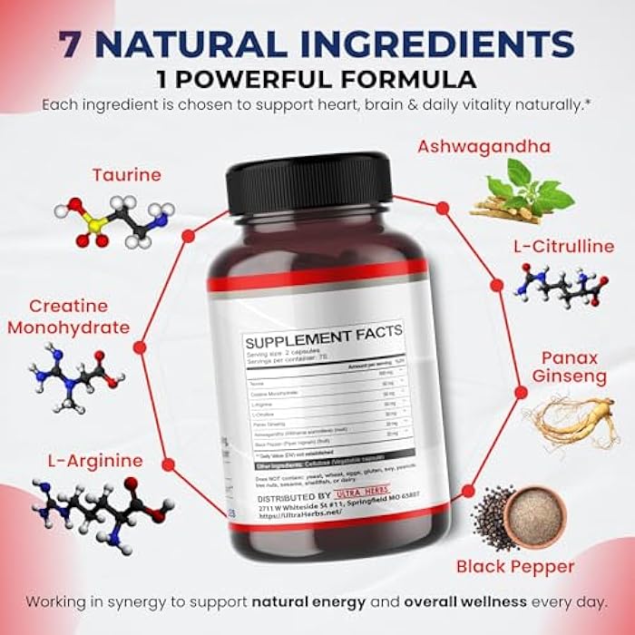 ULTRA HERBS Taurine Supplement enriched with Creatine, L-Arginine, L-Citrulline, Panax Ginseng | Taurine Capsules for Heart Wellness, Nervous System, Brain & Eye Health | 150 Capsules - Image 5