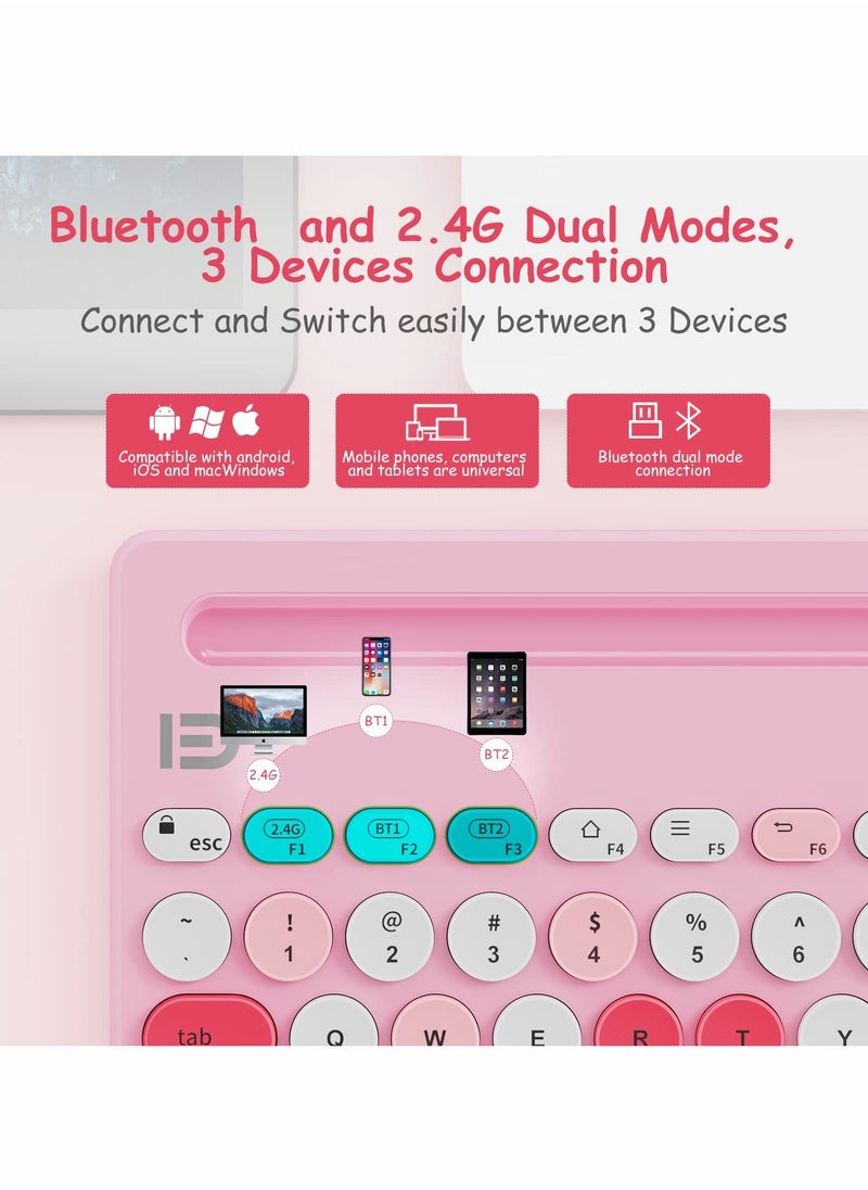 Excefore - Wireless Keyboard Multi-Device, Bluetooth and 2.4G Dual Mode, Switch to 3 Devices for Cellphone, Tablet, PC, Smart TV, iOS Android Windows, Pink - Image 1