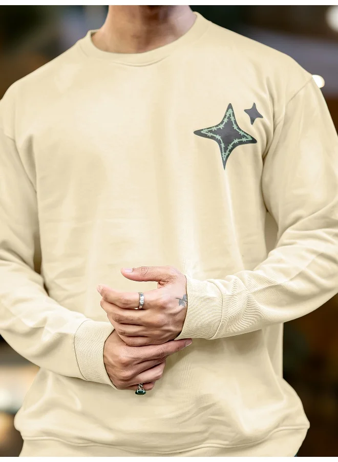 Maniac  Maniac Mens Printed Round Neck Full Sleeve Beige and Navy CottonFleece Oversized Sweatshirt for Men | Best Price UAE