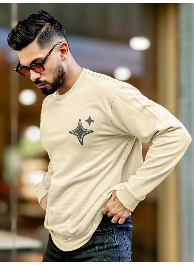 Maniac Mens Printed Round Neck Full Sleeve Beige and Navy CottonFleece Oversized Sweatshirt - Image 2