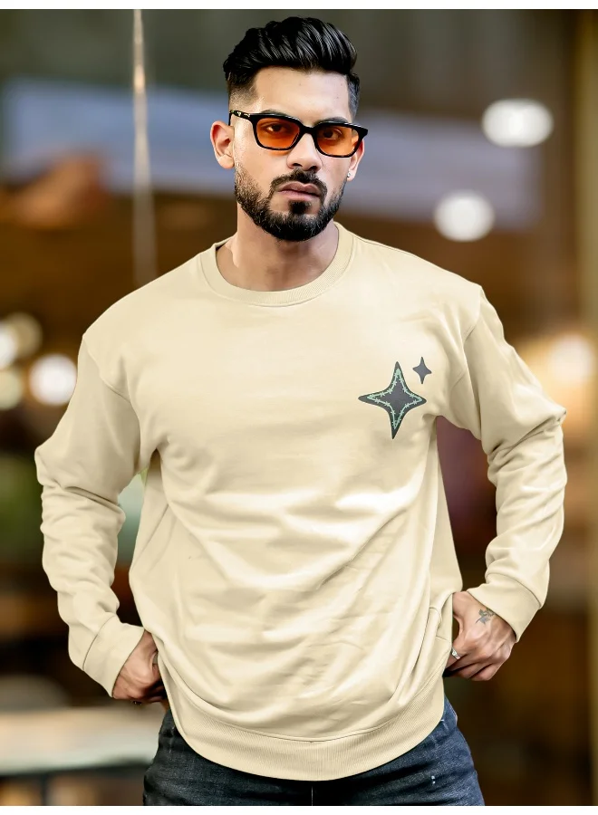 Maniac  Maniac Mens Printed Round Neck Full Sleeve Beige and Navy CottonFleece Oversized Sweatshirt for Men | Best Price UAE