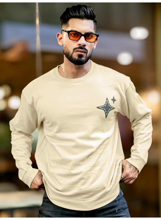 Maniac Mens Printed Round Neck Full Sleeve Beige and Navy CottonFleece Oversized Sweatshirt - Image 3