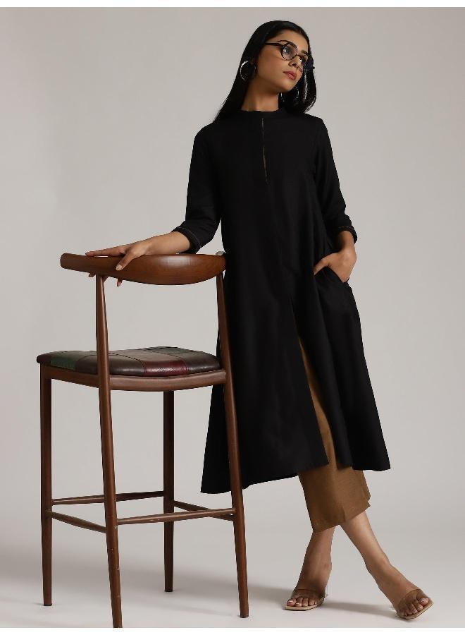 trueBrowns Cotton Linen Black Kurta Pant Set - Image 1