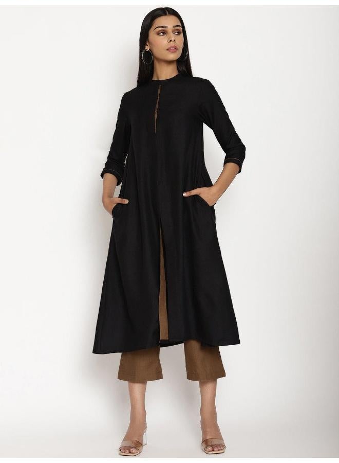 trueBrowns Cotton Linen Black Kurta Pant Set - Image 2