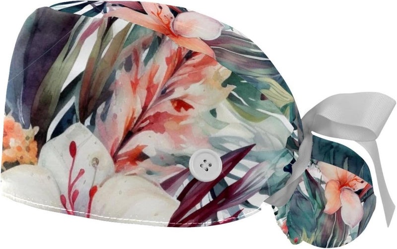 2 Packs Floral Pattern with Flowers Working Cap and Sweatband Adjustable Scrub Cap Nursing Cap Tie for Men Women - Image 1