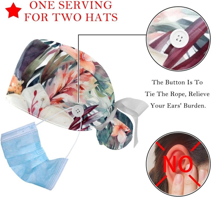 2 Packs Floral Pattern with Flowers Working Cap and Sweatband Adjustable Scrub Cap Nursing Cap Tie for Men Women - Image 3