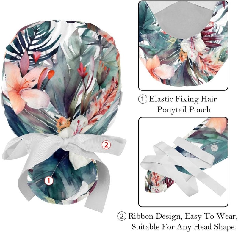 2 Packs Floral Pattern with Flowers Working Cap and Sweatband Adjustable Scrub Cap Nursing Cap Tie for Men Women - Image 4