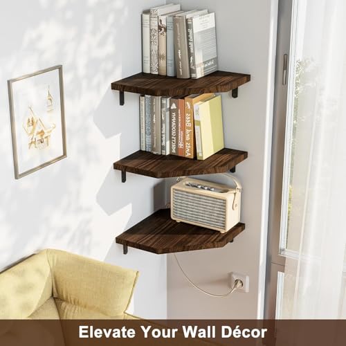 Craftsline Corner Shelf Wall Mount, Set of 3 Box Corner Shelves with Cord Hole, Rustic Wood Shelves for TV, Speaker, Cable Box, Game Console for Bedroom, Kitchen, Living Room Carbonized Black - Image 5