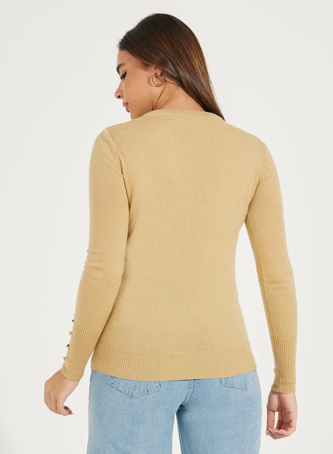 Styli Slim Fit Round Neck Sweater with Button Cuff Detail