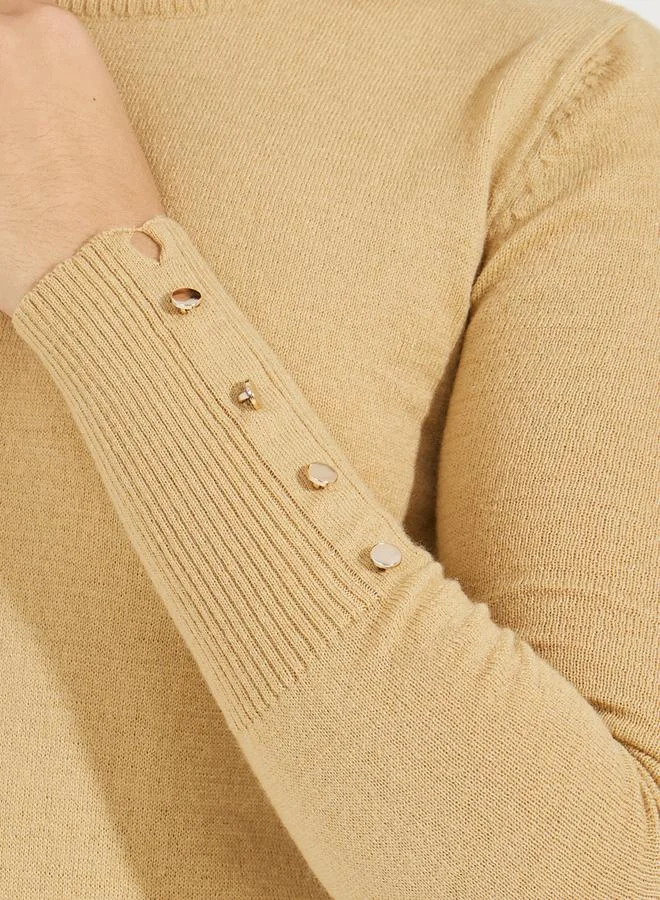 Styli Slim Fit Round Neck Sweater with Button Cuff Detail