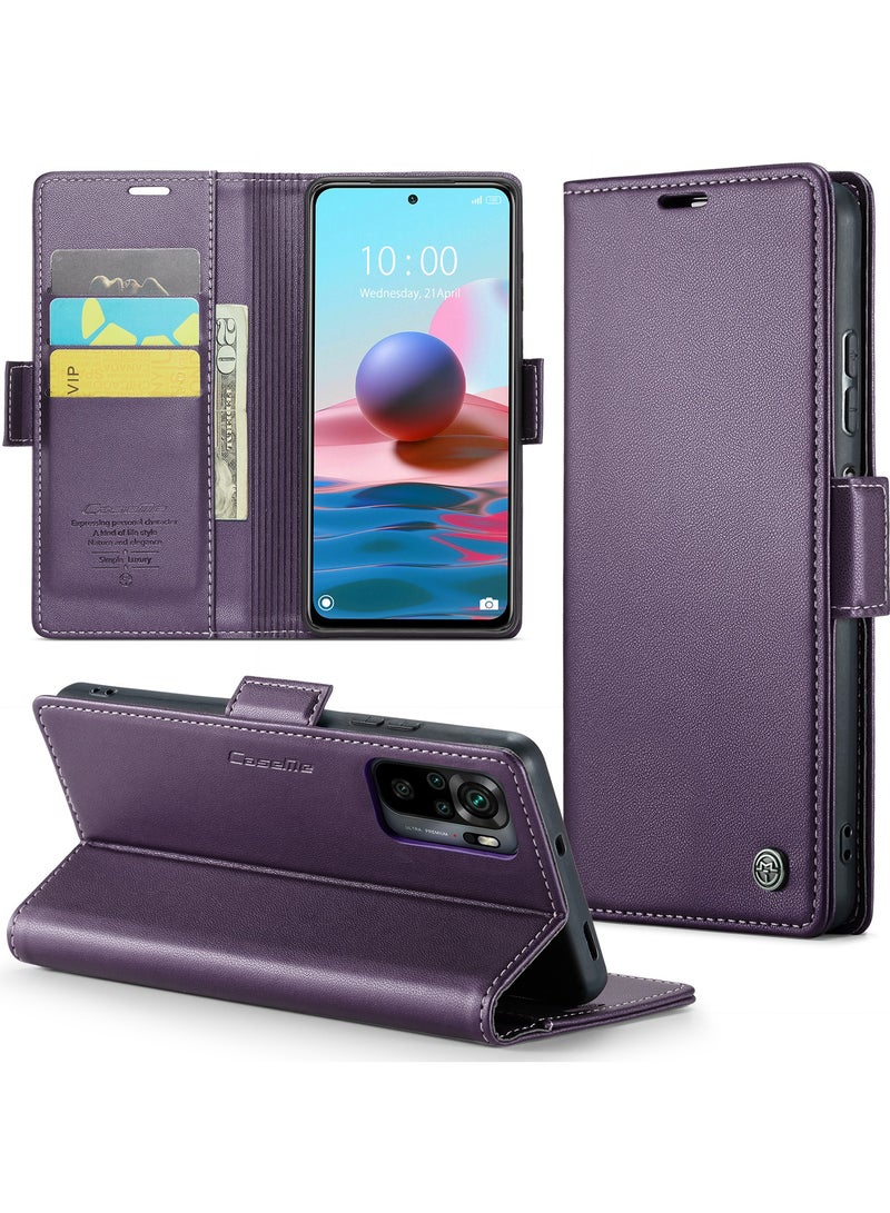 CaseMe Phone Case Luxury PU Leather Design Anti Fingerprint 023 Flip Cover Card Slot Holder Cover For Redmi Note 10 4G / Redmi Note 10s (Purple) - Image 2