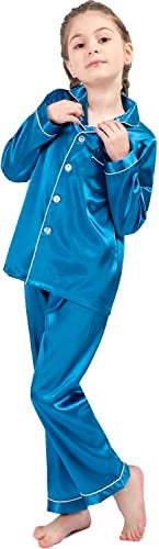 OEIU Kid Silky Satin Pajamas Set for Girls Boys pj Set Sleepwear Button-up Lounge Sets Nightwear Peacock Blue 170 - Image 3