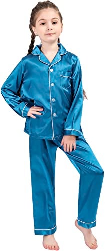 OEIU Kid Silky Satin Pajamas Set for Girls Boys pj Set Sleepwear Button-up Lounge Sets Nightwear Peacock Blue 170 - Image 5