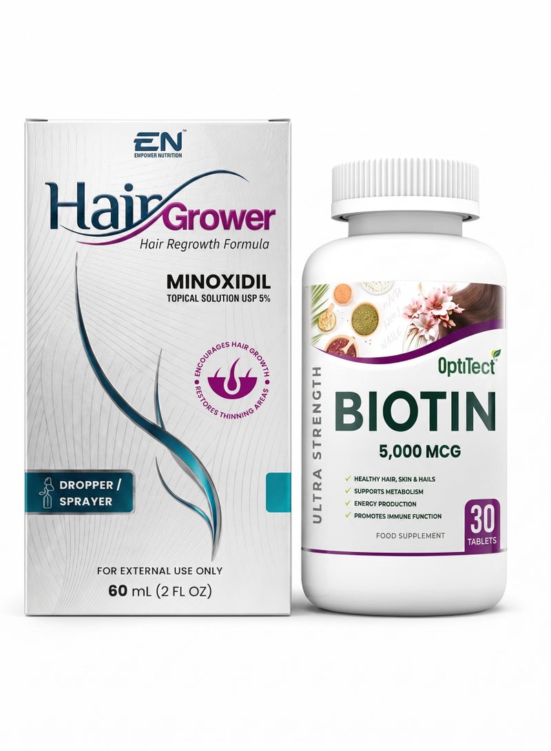 OptiTect Hair Growth Support Combo – Optitect Biotin 5000mcg 30 Tablets+Empower Nutrition Minoxidil Spray 60ml - Image 1