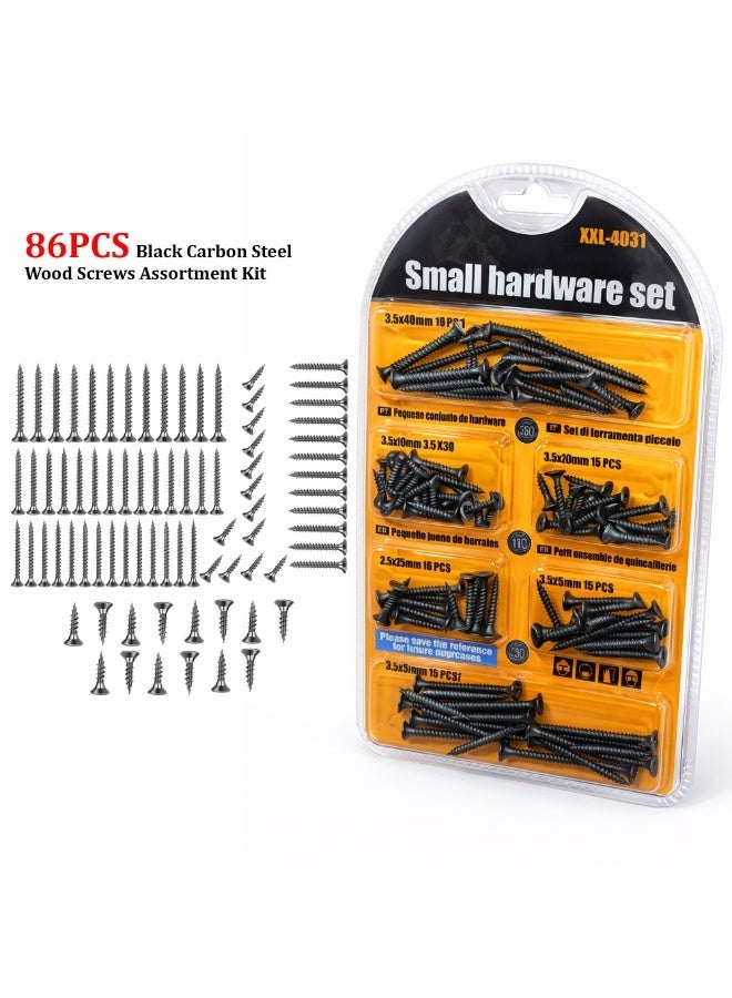 86PCS Black Carbon Steel Wood Screws Assortment Kit – Flat Head Coarse Thread Drywall and Wood Screws for Furniture Assembly, Carpentry and DIY Projects (Multiple Sizes) - Image 1