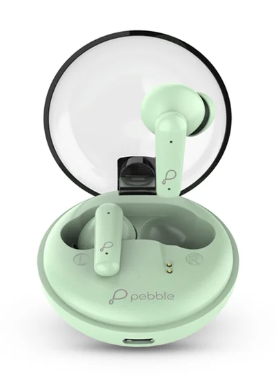 Pebble Noise Canceling True Wireless Earbuds With 20 Hour Playtime, Splash Proof, Type C Fast Charging Case, Mint Green