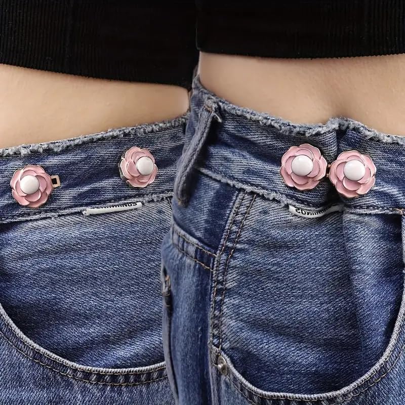 LUVINA Adjustable Jean Button, 2 Sets Jean Button Pins, Adjustable Waist Button Extender for Jeans, Waist Tightener Instant Clips for Loose Jeans Skirts (Pink Camellia) - Image 5