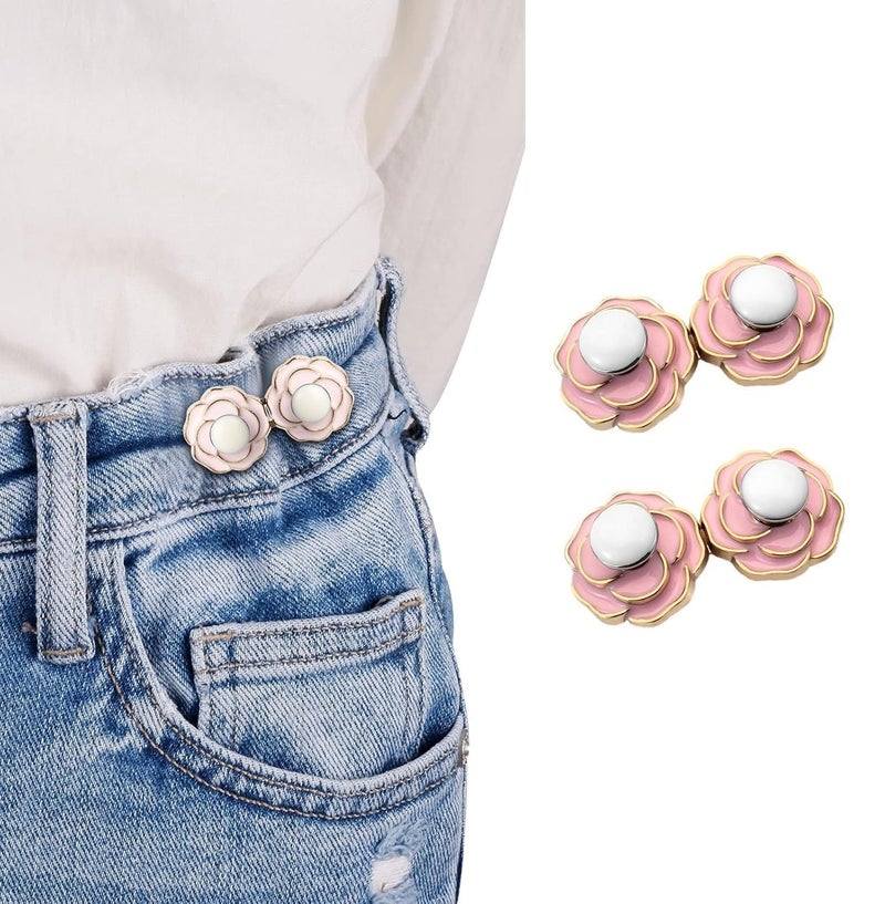LUVINA Adjustable Jean Button, 2 Sets Jean Button Pins, Adjustable Waist Button Extender for Jeans, Waist Tightener Instant Clips for Loose Jeans Skirts (Pink Camellia) - Image 2