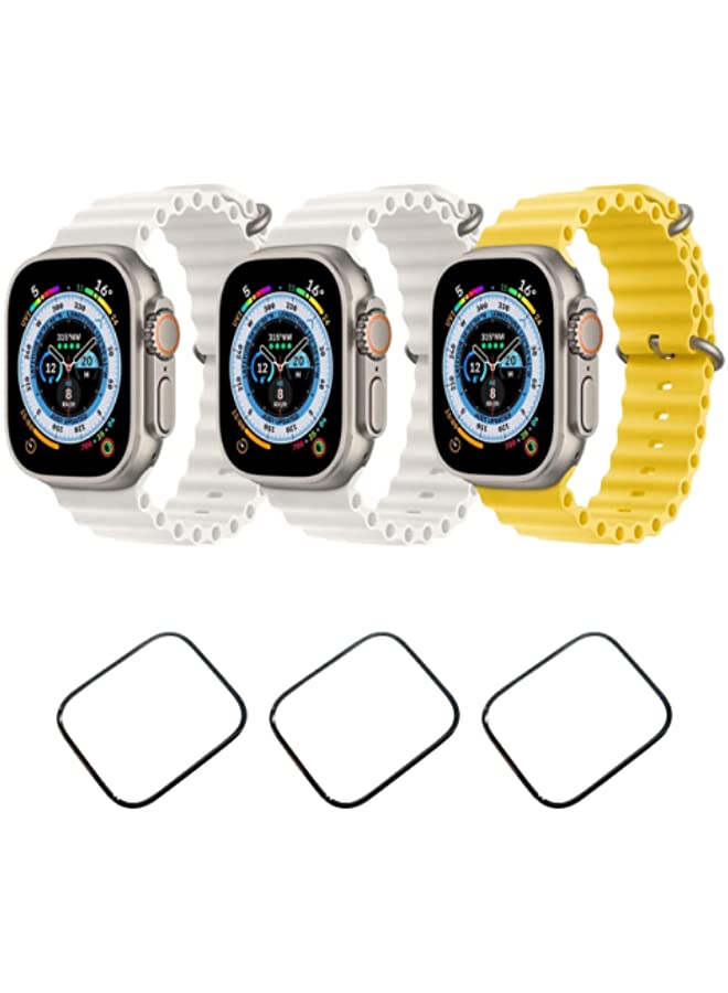 vesus Silicone Ocean Band Strap for Apple Watch Ultra 8 49mm White,White and Yellow Set of 3 with 3* 49mm Watch glass