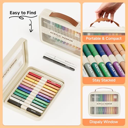 MemOffice Direct Liquid Acrylic Paint Markers, 12 Colors Brush Tip Pens with Carrying Case, No Bleed, Waterproof, for Rock, Wood, Canvas, Glass, Fabric, DIY Crafts for Adults - Image 3
