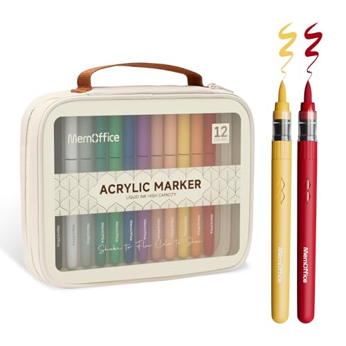MemOffice Direct Liquid Acrylic Paint Markers, 12 Colors Brush Tip Pens with Carrying Case, No Bleed, Waterproof, for Rock, Wood, Canvas, Glass, Fabric, DIY Crafts for Adults - Image 1