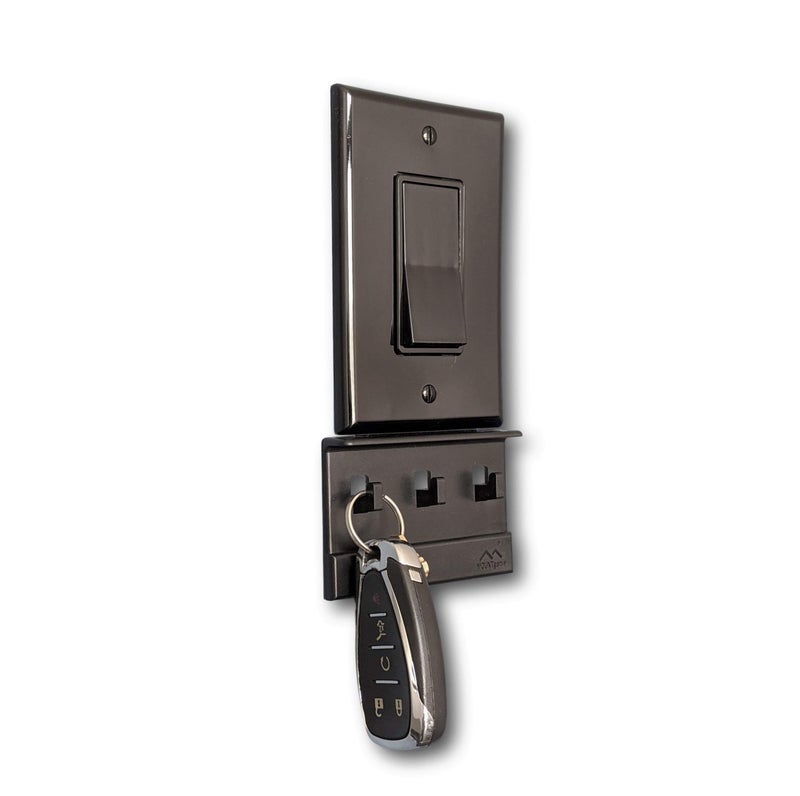 The NoScrewups Key Hook Organizer by Mount Genie Black 2Pack Wall Mount with No Damaging Screws or Tape Installs in Seconds on Any Light Switch Great for Entryway Mudroom Kitchen Office