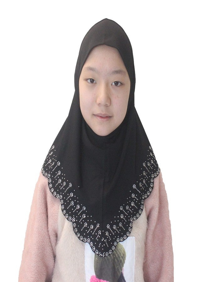 Modest Beauty Girls/Children Hijab Scarf Headscarf Wrap one Piece Muslim Amira with Czech Drill, Black-wavy Edge, M - Image 1
