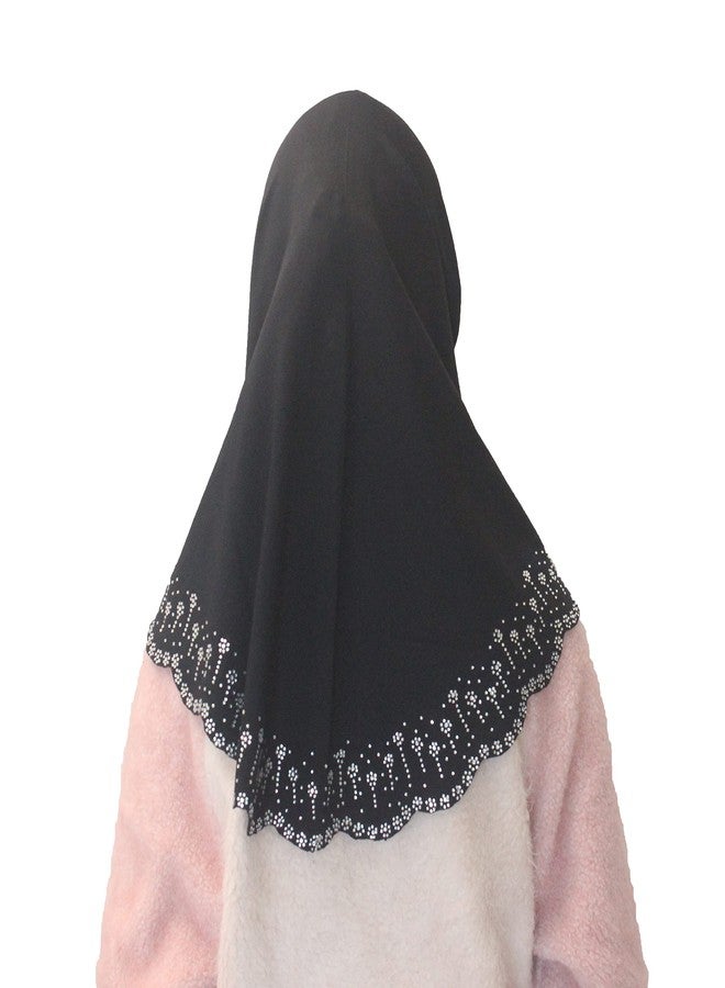 Modest Beauty Girls/Children Hijab Scarf Headscarf Wrap one Piece Muslim Amira with Czech Drill, Black-wavy Edge, M - Image 3