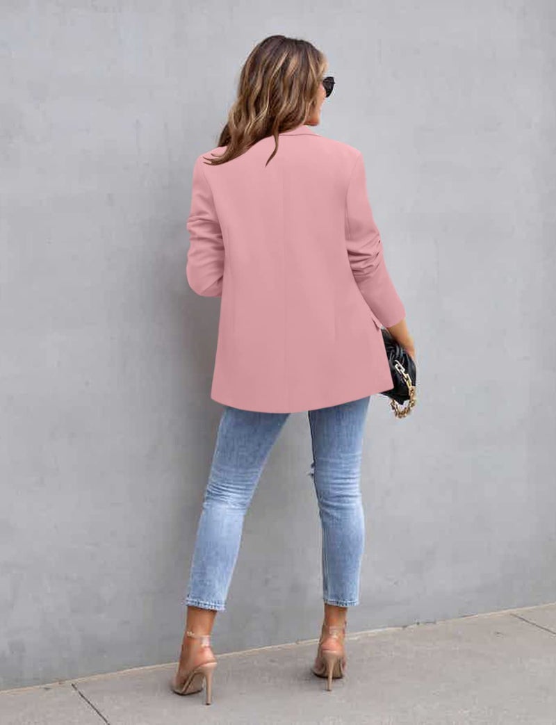CRAZY GRID Womens Casual Blazer Long Sleeve Business Suit Jacket Open Front Button Work Office Blazer Jacket Fashion Dressy Ladies Blazer Peach Powder Pink Size Large - Image 3