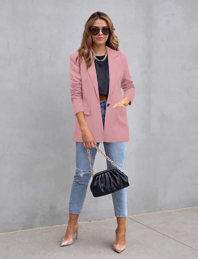 CRAZY GRID Womens Casual Blazer Long Sleeve Business Suit Jacket Open Front Button Work Office Blazer Jacket Fashion Dressy Ladies Blazer Peach Powder Pink Size Large - Image 4