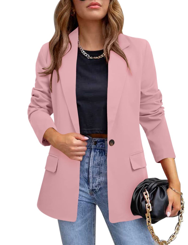 CRAZY GRID Womens Casual Blazer Long Sleeve Business Suit Jacket Open Front Button Work Office Blazer Jacket Fashion Dressy Ladies Blazer Peach Powder Pink Size Large - Image 1