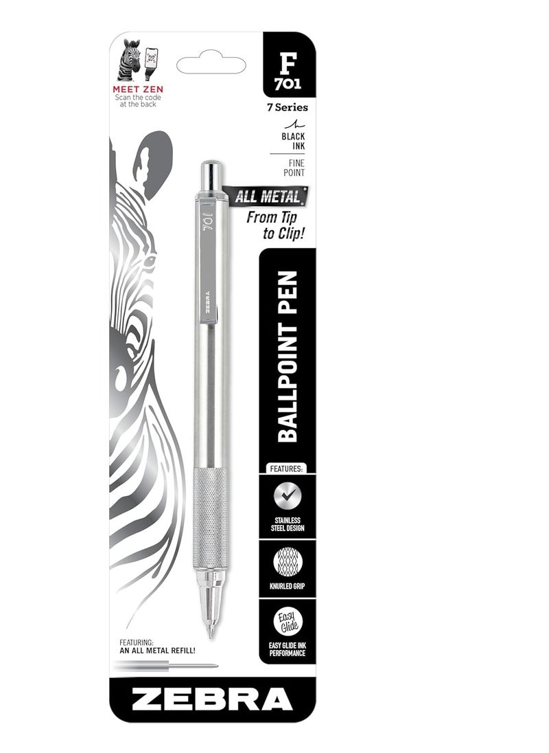 ZEBRA Zebra Pen F-701 Retractable Ballpoint Pen, Stainless Steel Barrel, Fine Point, 0.8mm, Black Ink, 1-Pack  - Image 1