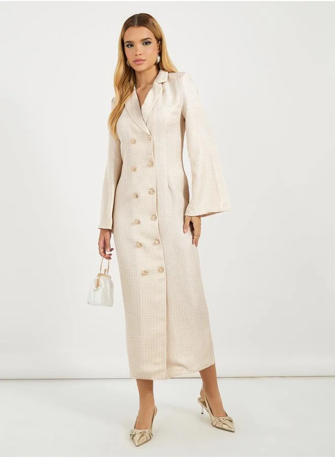Styli Lapel Collar Tweed Maxi Dress with Flared Sleeves