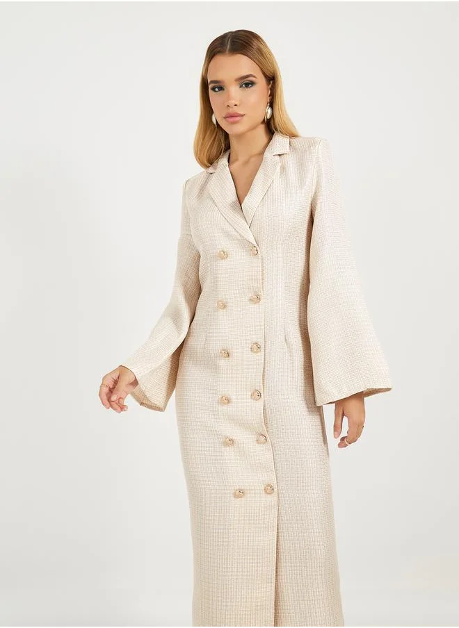 Styli Lapel Collar Tweed Maxi Dress with Flared Sleeves