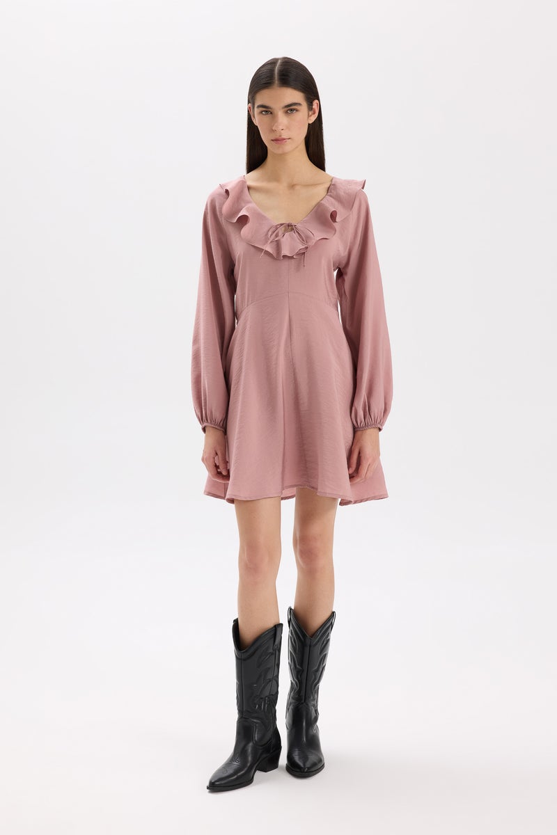 DeFacto Pink Woman V-Neck modal Balloon Sleeves Mini Dress Casual - Image 2