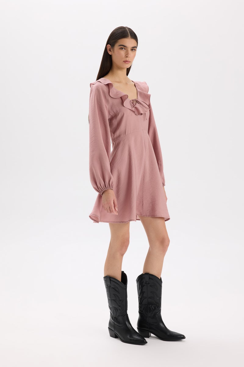 DeFacto Pink Woman V-Neck modal Balloon Sleeves Mini Dress Casual - Image 1