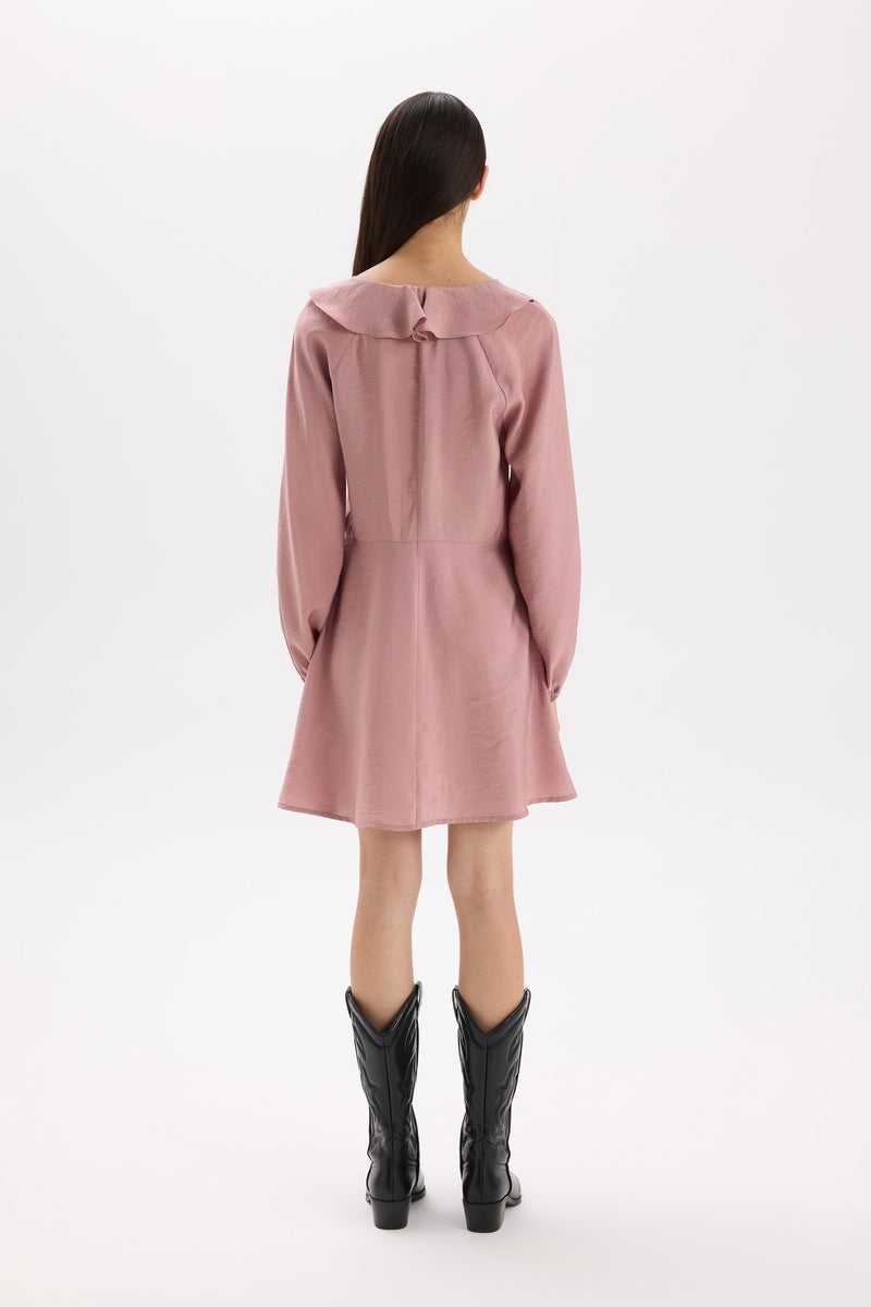DeFacto Pink Woman V-Neck modal Balloon Sleeves Mini Dress Casual - Image 5