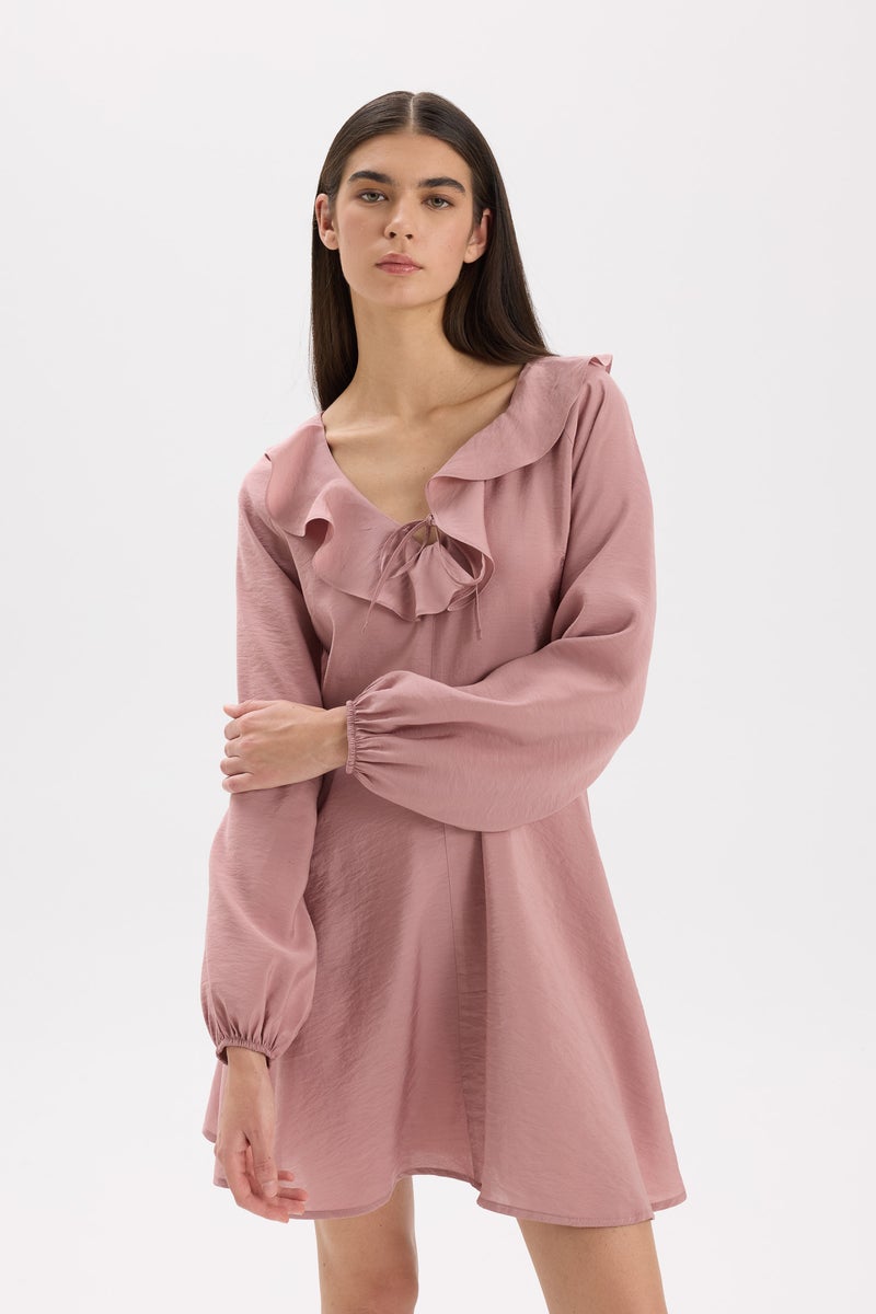 DeFacto Pink Woman V-Neck modal Balloon Sleeves Mini Dress Casual - Image 4