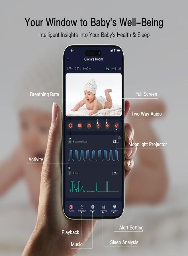 آي بيبي جهاز مراقبة الأطفال الذكي iBaby i7، جهاز مراقبة صحة الطفل: تتبع البيانات الصحية وأنماط النوم - كاميرا واي فاي بدقة 1080 بكسل، رؤية 360 درجة، رؤية ليلية، صوت ثنائي الاتجاه، تنبيهات البكاء والسلامة، حامل جداري - Image 4