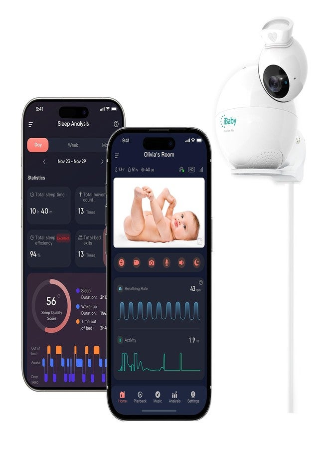 آي بيبي جهاز مراقبة الأطفال الذكي iBaby i7، جهاز مراقبة صحة الطفل: تتبع البيانات الصحية وأنماط النوم - كاميرا واي فاي بدقة 1080 بكسل، رؤية 360 درجة، رؤية ليلية، صوت ثنائي الاتجاه، تنبيهات البكاء والسلامة، حامل جداري - Image 1
