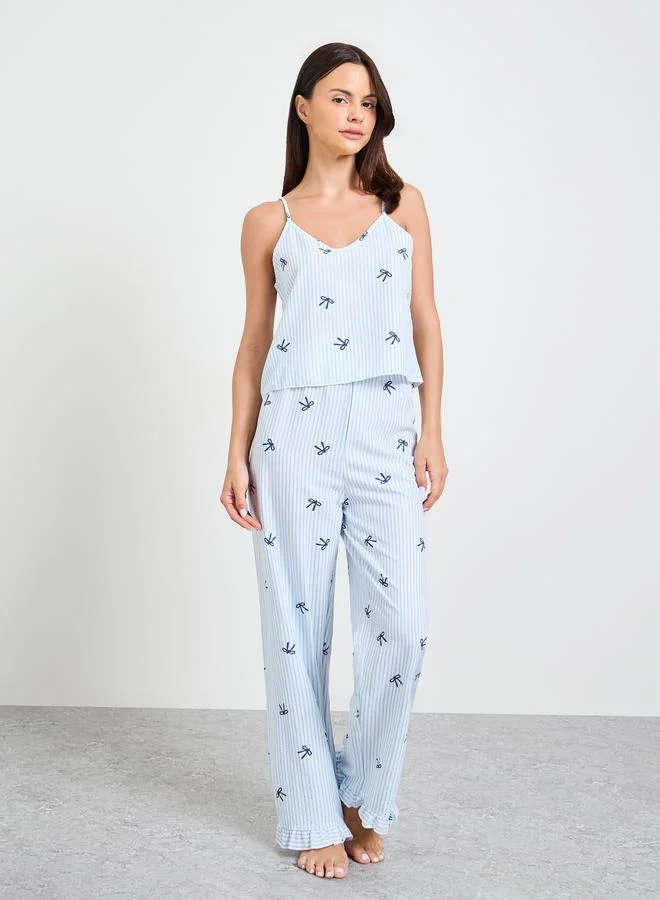 Take Two Blue Striped Bow Print Cami And Pyjama Set