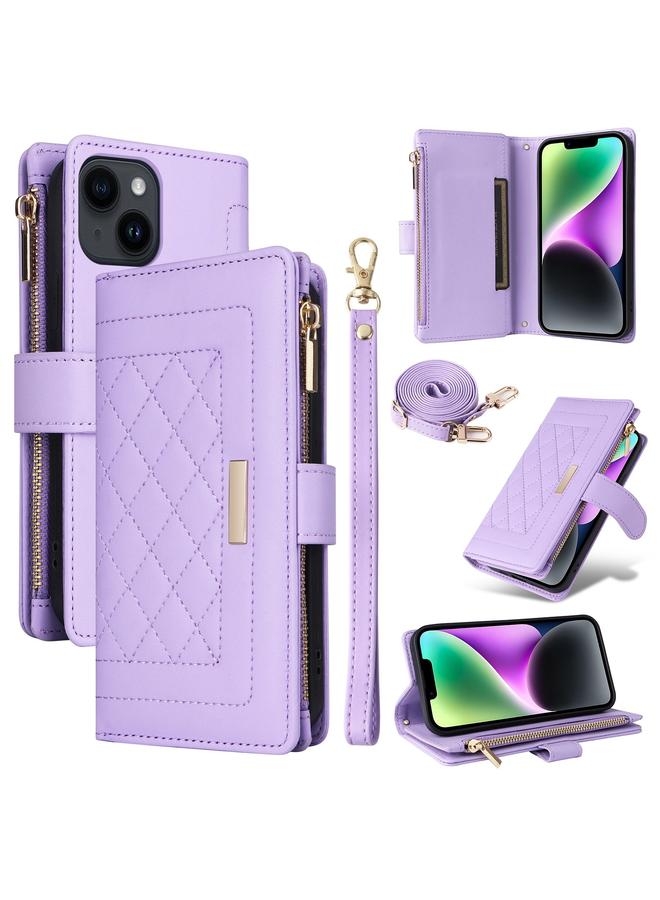 S-TOP Case For iPhone 14 / 13 Crossbody Zipper Wallet Rhombus Leather Phone Case - Image 1