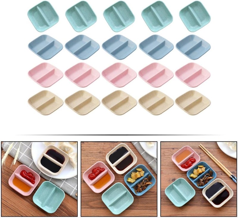 PRETYZOOM Wheat Straw Soy Sauce Dishes Double Compartment Relish Plates 20pcs Set Multi-color Seasoning Serving Bowls for Kitchen Dining and Entertaining - Image 3