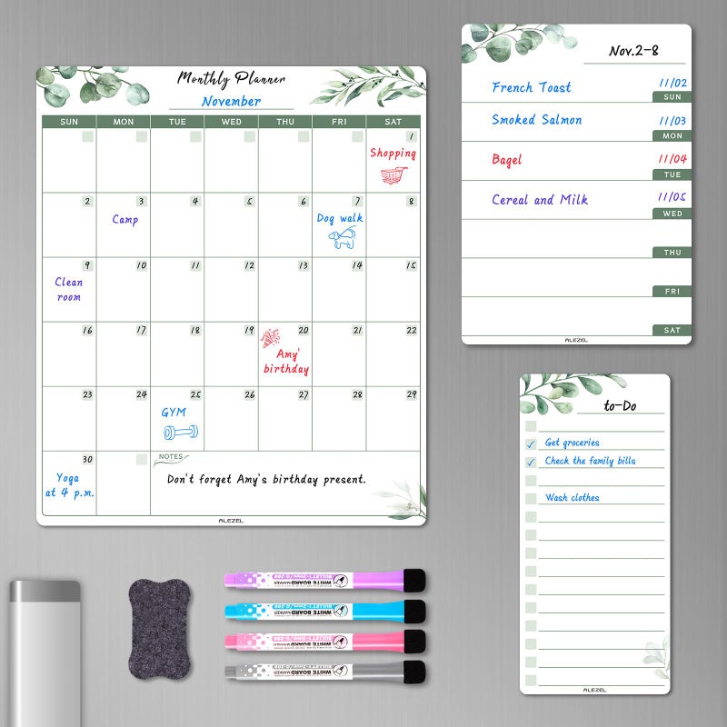 ALEZEL Dry Erase Fridge Calendar Magnetic, Greenery White Board Calendar Dry Erase for Refrigerator - Set of Vertical Monthly & Weekly Calendar for Fridge with 1 List Board, 4 Markers + Eraser - Image 1
