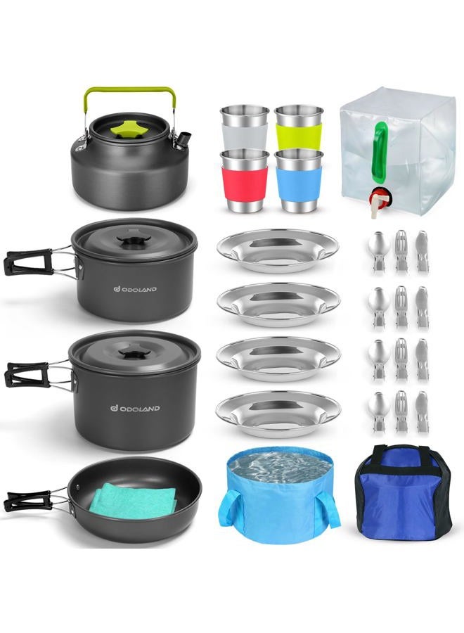 Odoland 29pcs Camping Cookware Mess Kit, Non-Stick Lightweight Pots Pan Kettle, Collapsible Water Container and Bucket, Stainless Steel Cups Plates Forks Knives Spoons for Outdoor Backpacking Picnic - Image 1