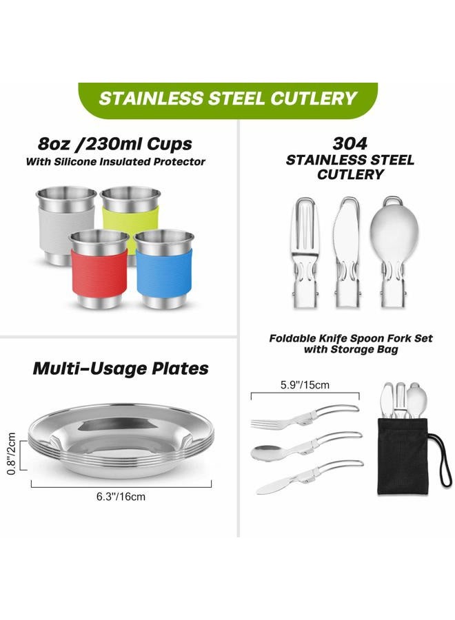 Odoland 29pcs Camping Cookware Mess Kit, Non-Stick Lightweight Pots Pan Kettle, Collapsible Water Container and Bucket, Stainless Steel Cups Plates Forks Knives Spoons for Outdoor Backpacking Picnic - Image 4
